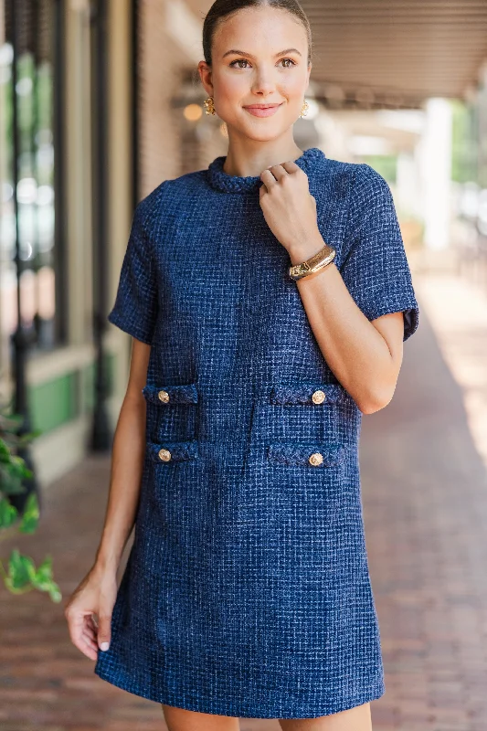 Ask You Out Navy Blue Tweed Shift Dress