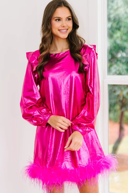 Rising Star Hot Pink Metallic Feather Trim Dress