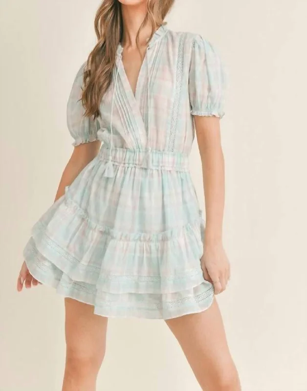 Arrie Plaid Ruffle Mini Dress In Aqua