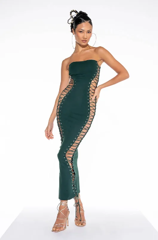 NEVER BORING LACE UP MIDI DRESS GREEN