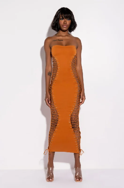 NEVER BORING LACE UP MIDI DRESS ORANGE