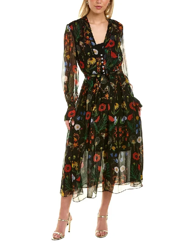 Oscar de la Renta Botanical Chiffon Silk Midi Dress