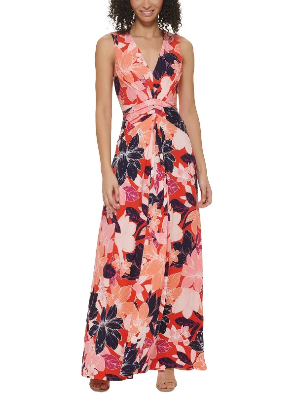 Petites Womens Floral Print Polyester Maxi Dress