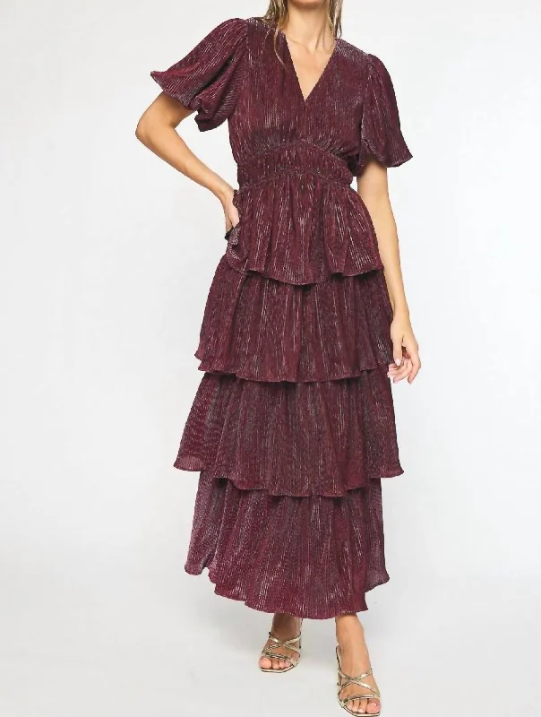 Puff Sleeve Maxi Dress In Metallic Sangria