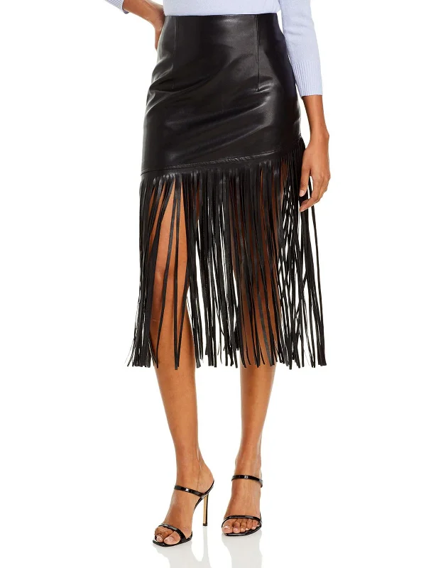 Womens Vegan Leather Fringe Midi Skirt