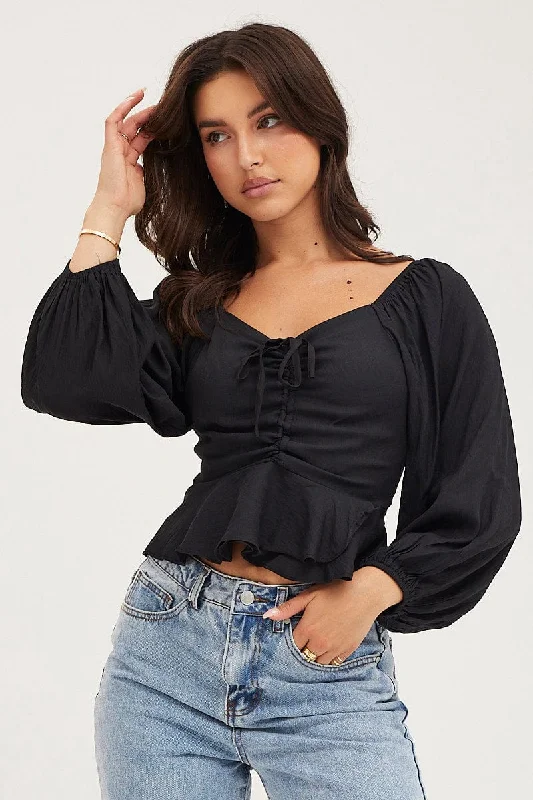 Black 3/4 Sleeves Ruched Front Ruffled Peplum Top