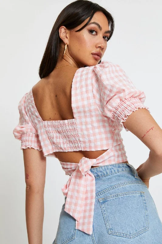 Check Crop Top Short Sleeve Square Neck