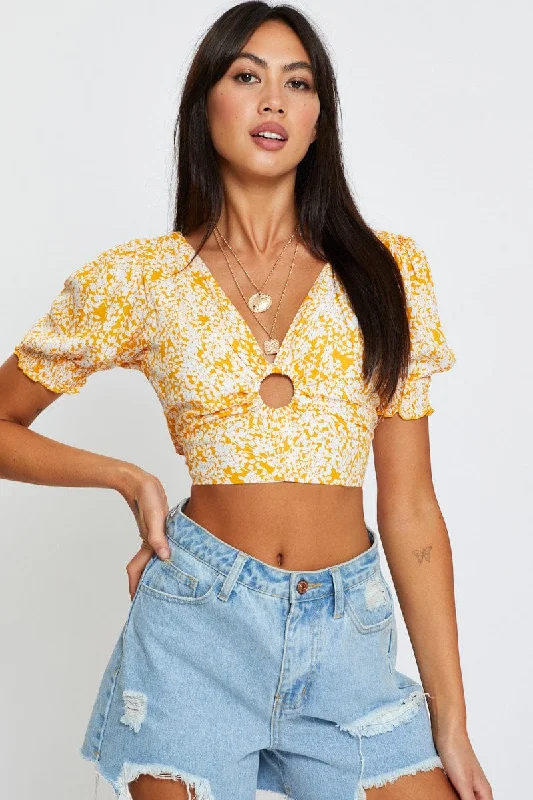 Ditsy Print Puff Sleeve Top Short Sleeve Crop