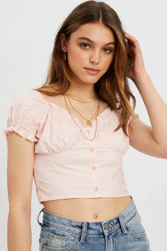 Pink Button Front Puff Sleeve Milkmaid Top