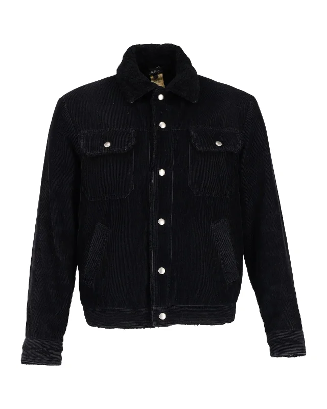 A.P.C. shearling-Collar Corduroy Jacket in Black Wool