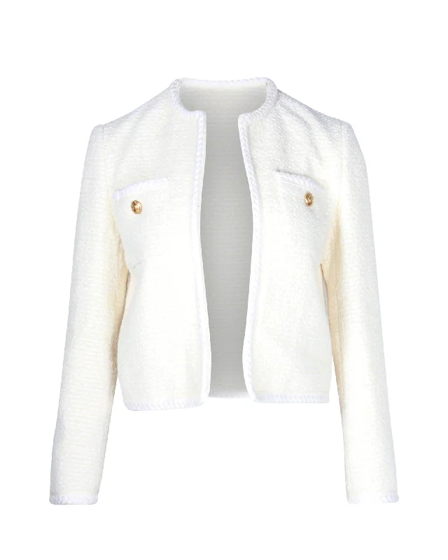 Celine Open-Front Boucle Cropped Jacket in Cream Wool