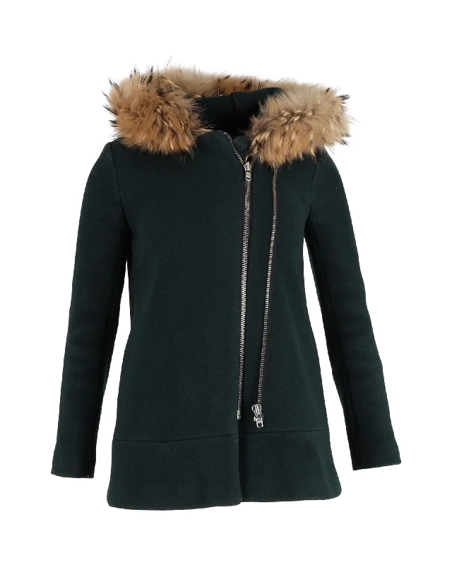 Sandro Fur-Collar Pea Coat in Dark Green Wool