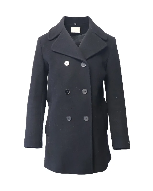 Sandro Paris Double Breasted Peacoat in Black Wool