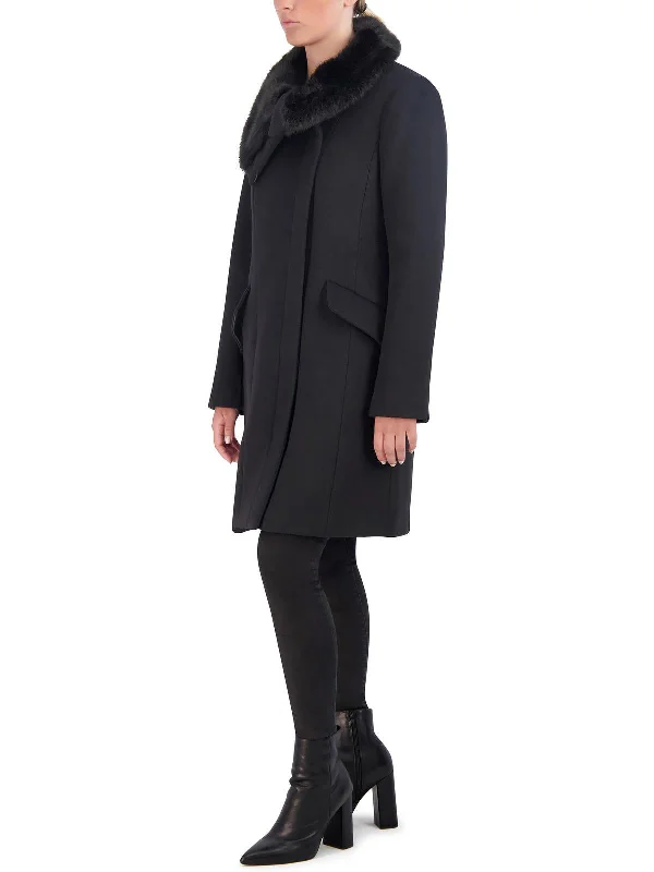 Womens Wool Blend Faux Fur Collar Wool Coat