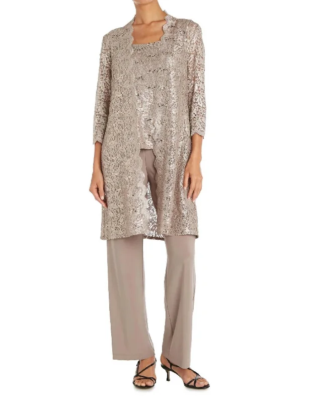 Metallic Lace Tank Jacket Set Pant In Champagne