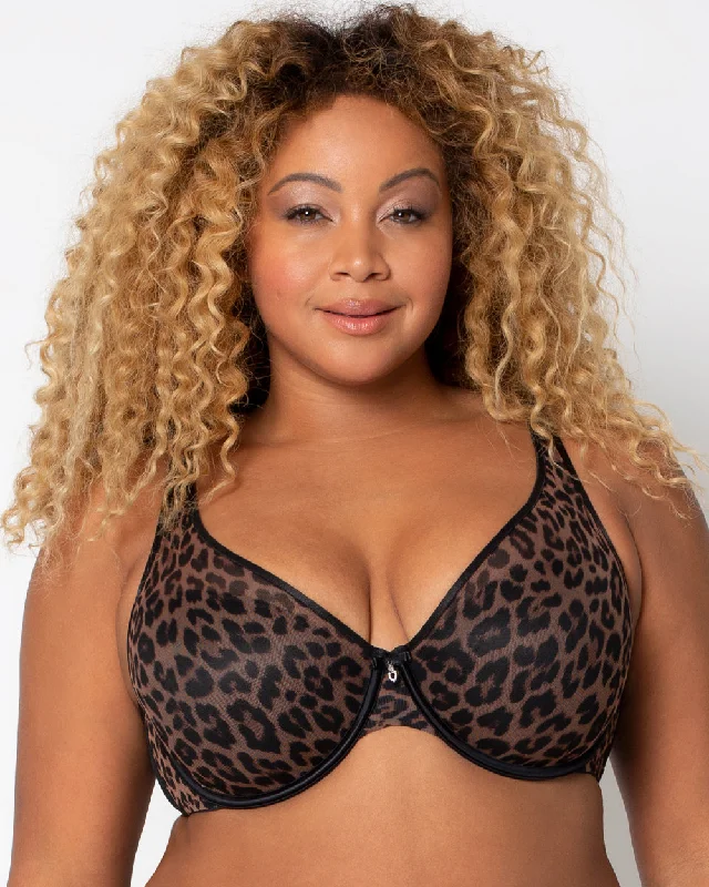 Sheer Mesh Plunge T-Shirt Bra - Designer Leopard