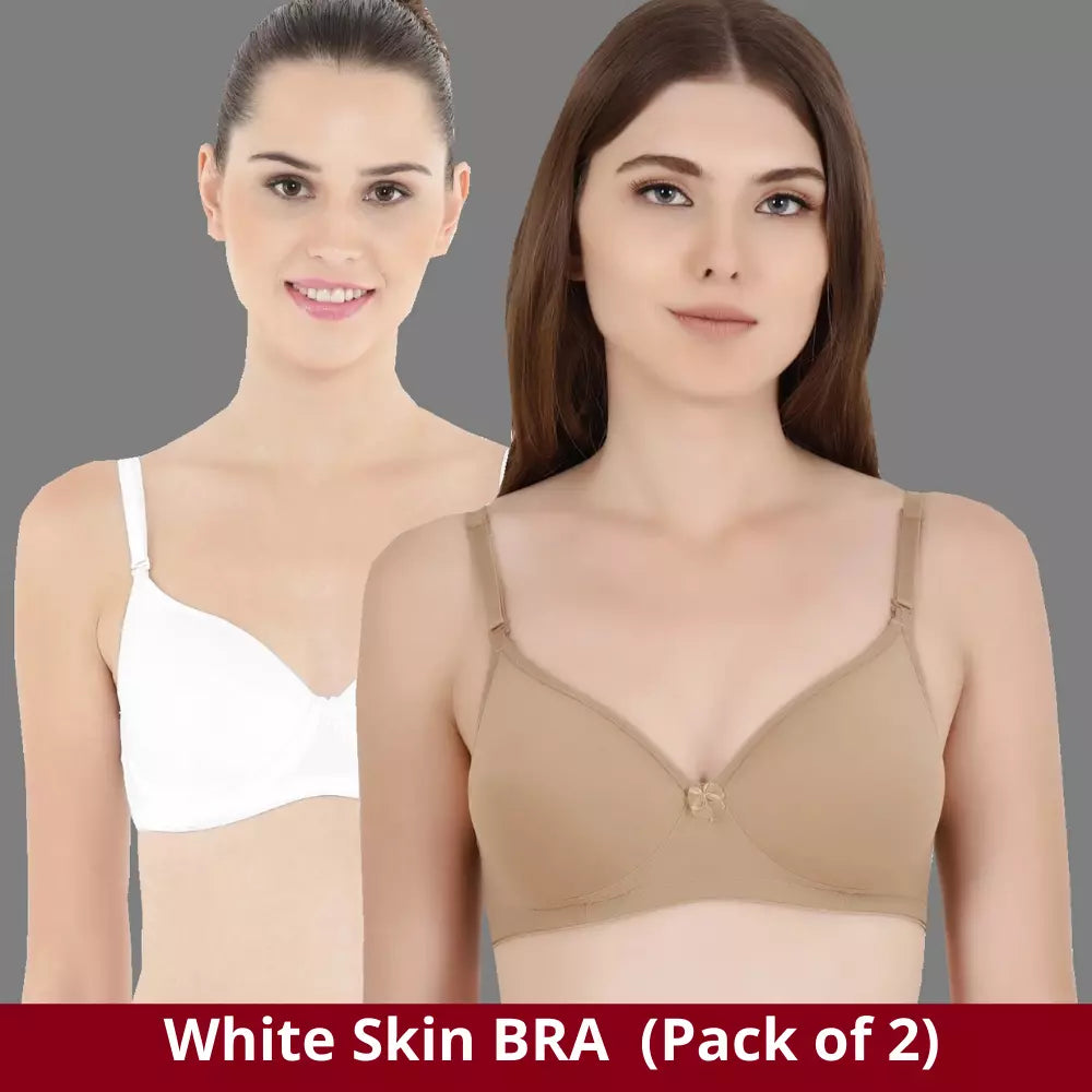 Tshirt Seamless non padded White Nude Cotton Bra (Pack of 2)