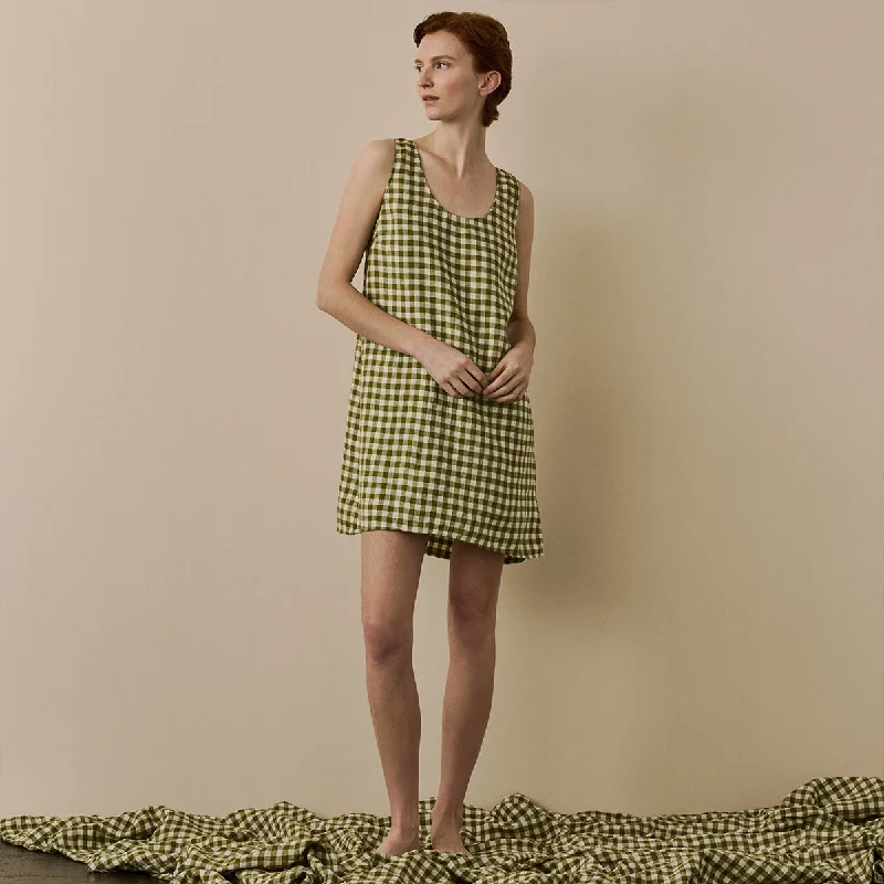 Botanical Green Gingham Linen Night Dress