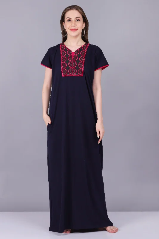 Women Hosiery Solid Navy Blue Night Gown | Maxi | Nighty | Embroidery Neck | With Pocket