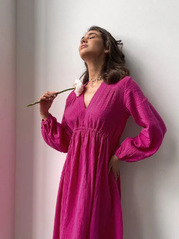 Stylish Loose-Fit Long Sleeves Muslin Nightgown