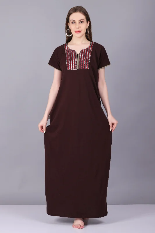 Women Hosiery Solid Brown Night Gown | Maxi | Nighty | Embroidery Neck | With Pocket