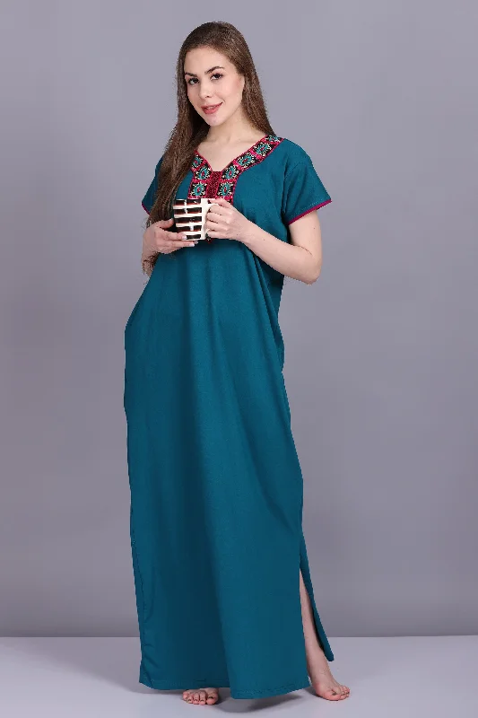 Women Hosiery Solid Cyan Night Gown | Maxi | Nighty | Embroidery Neck | With Pocket