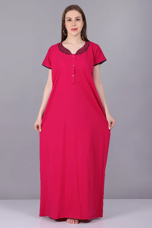 Women Hosiery Solid Pink Night Gown | Maxi | Nighty | Embroidery Neck | With Pocket