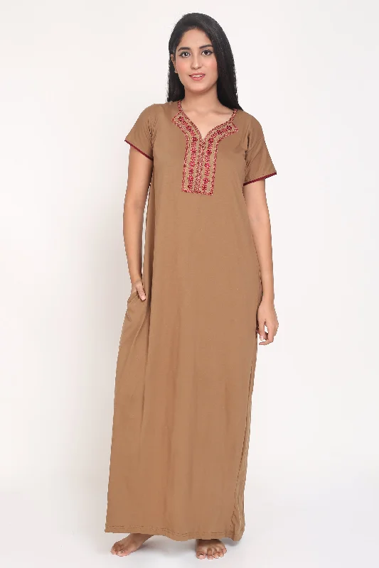 Women's Hosiery Brown Plain Maxi Nightgown with Embroidery Neck