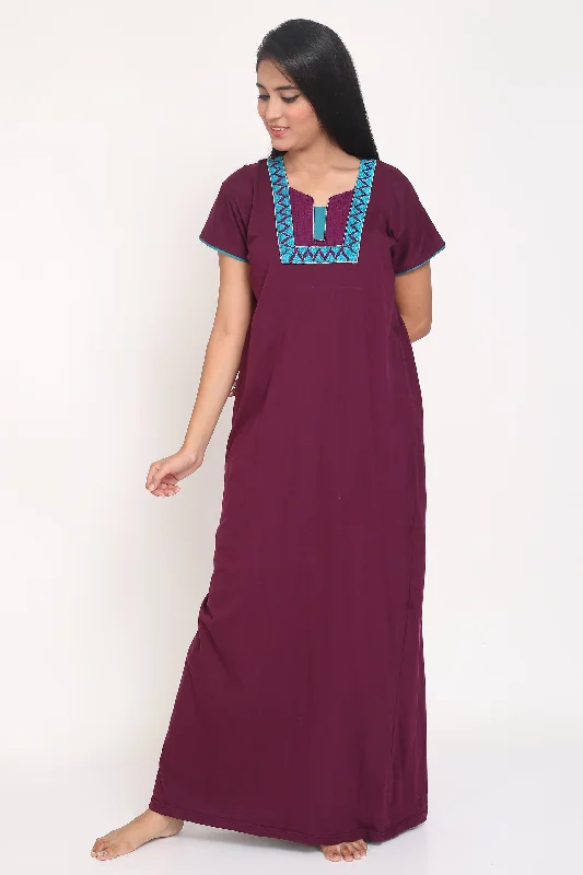 Women's Hosiery Purple Plain Maxi Nightgown with Embroidery Neck